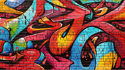 A red brick wall with intricate graffiti art, showcasing bold colors and dynamic designs.
