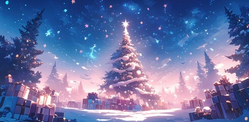 Christmas tree in night with sparking snowflake