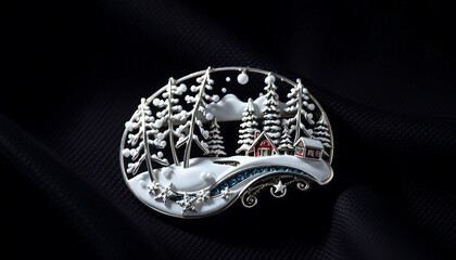 Fototapeta premium Elegant brooch featuring a winter scene with snow-covered trees, red houses, and a decorative landscape. Perfect for adding a touch of holiday elegance to any outfit.