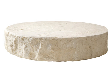 A rough circular stone slab with a textured edge and a flat top surface, highlighting its natural beige color and weathered appearance, isolated on a transparent background