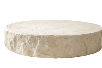 A rough circular stone slab with a textured edge and a flat top surface, highlighting its natural beige color and weathered appearance, isolated on a transparent background