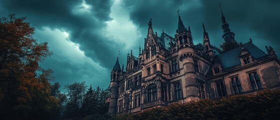 Obraz premium Mysterious castle under dark stormy sky with towering spires near dense forest in twilight