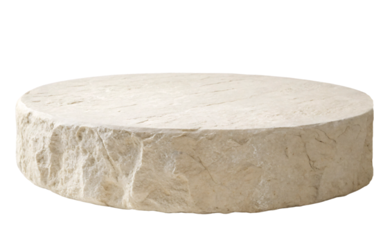 A rough circular stone slab with a textured edge and a flat top surface, highlighting its natural beige color and weathered appearance, isolated on a transparent background