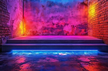 Neon Lit Steps in a Grungy Brick Room