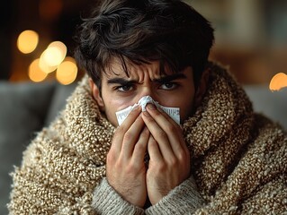 Man Wrapped in Blanket Blowing Nose as Thermometer Rests on Coffee Table Signifying Common Cold Illness