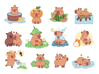 Funny capybaras. Happy exotic comic animals, cute biggest rodents, different poses, actions and emotions, kawaii characters, cartoon flat isolated illustration, stickers tidy vector set