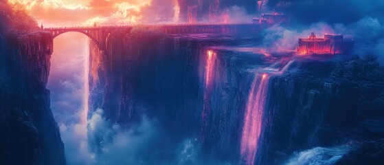 Obraz premium Majestic waterfalls cascade towards a vibrant ancient city under a starry night sky