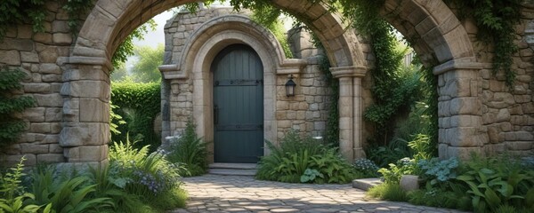 Naklejka premium Entrance to a garden with an arched stone doorway and foliage, verdant, serene, peaceful