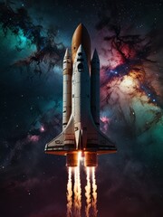 Fototapeta premium Starship Soaring Through Cosmic Nebula: A sleek, futuristic spaceship glides through a mesmerizing nebula.