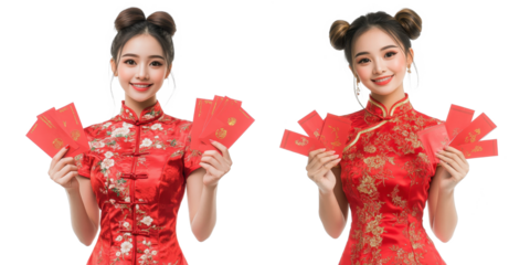 asian woman wearing red traditional cheongsam dress holding red envelopes or ang Pao isolated on transparent background