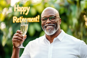 Joyful retiree raising champagne glass in celebration
