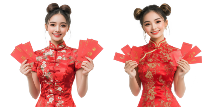 asian woman wearing red traditional cheongsam dress holding red envelopes or ang Pao isolated on transparent background - Powered by Adobe