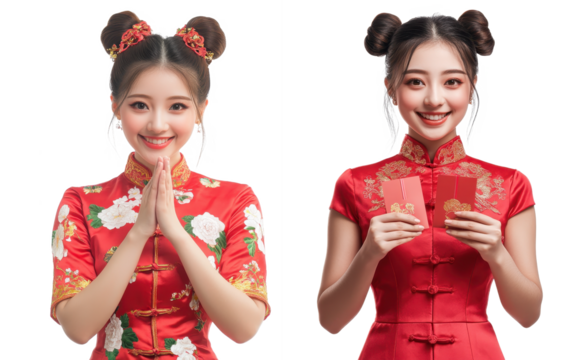 asian woman wearing red traditional cheongsam dress holding red envelopes or ang Pao isolated on transparent background - Powered by Adobe
