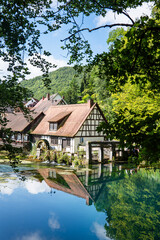 Blautopf in Blaubeuren mit historischer Hammerschmiede, Spiegelung