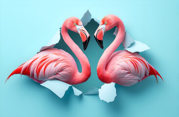 Naklejka premium Valentine's Day card design, featuring two pink flamingos sticking their heads through a hole in ripped paper on a pastel blue background