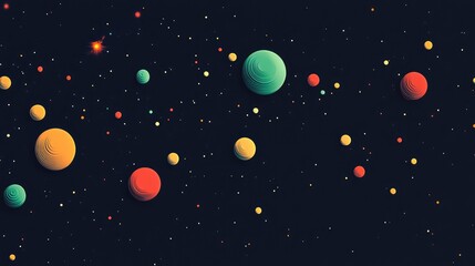 Colorful Planets and Stars in Deep Space Against Dark Background