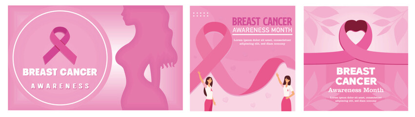 Breast Cancer Awareness Graphic. Pink Ribbon And Two women Supporters. Promoting elegant breast cancer awareness banner and Support. Set flat vector modern illustration