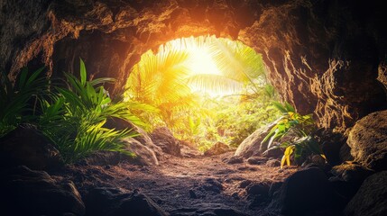 Sunlight Streaming Through Cave Entrance Surrounded by Lush Foliage