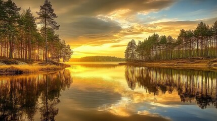 Serene Sunset over Calm Lake Surrounded by Tall Green Trees
