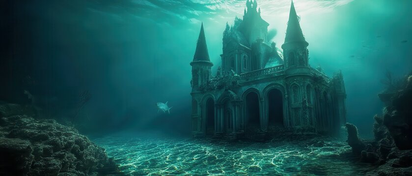 Underwater castle ruins reveal a mysterious world of forgotten architecture in a deep ocean environment
