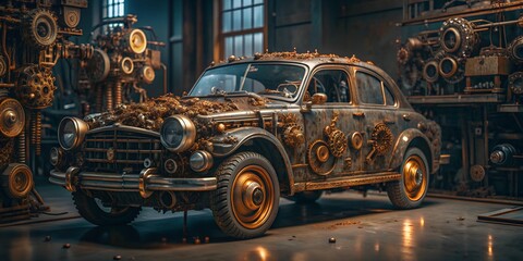 Rusty vintage car adorned with gears in a steampunk workshop setting