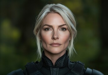 Naklejka premium Confident woman with blonde hair in black jacket