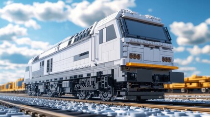 Dynamic train model racing on tracks under bright sky playful transport scene vibrant environment