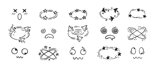 Dizzy effect drawing hand drawn doodle cartoon set. dizzy faces, birds and stars overhead emotions drawing.