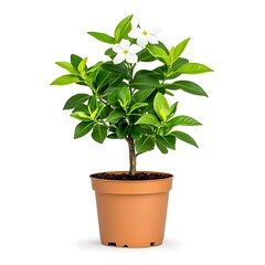 Obraz premium White Gardenia Plant in a Pot: A potted gardenia plant with delicate white flowers and vibrant green leaves. A symbol of purity, beauty, and new beginnings. 