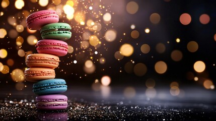 Obraz premium a dramatic sequence of french macarons beeing stacked into a pile