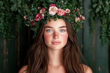 Naklejka premium beautiful woman with flower crown in nature