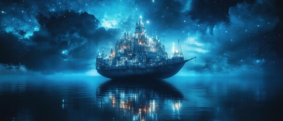 Floating city of dreams in a starry sky with luminous architecture and cosmic background