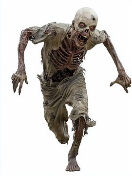 full body view of a zombie running on white background