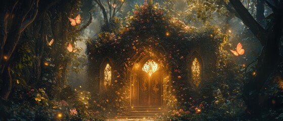 Enchanting fairy tale cottage surrounded by blooming flowers and glowing butterflies in a mystical forest