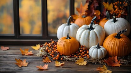 rustic autumn scene with a focus on pumpkins of various sizes and colors, including vibrant orange and white, arranged on a wooden surface with a straw base. Scatter colorful fall