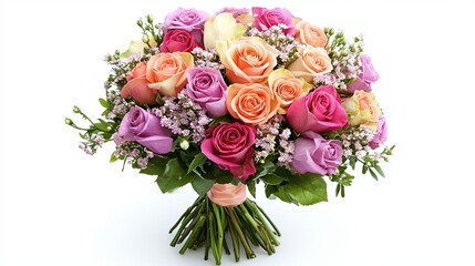 Colorful bouquet of fresh roses and wild flowers on white background