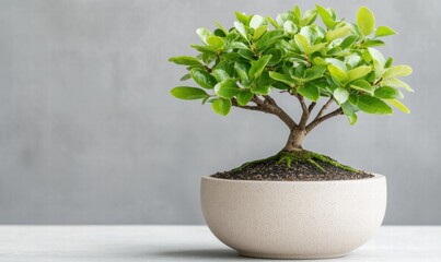 Lush green bonsai tree in modern concrete planter