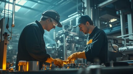 Fototapeta premium Male factory workers working together to t