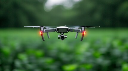 Drone capturing aerial footage lush green landscape technology showcase nature close-up innovative exploration