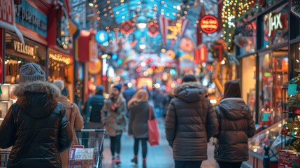 Naklejka premium Festive shoppers stroll through a bustling, brightly lit, Christmas market alleyway at night.