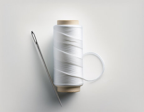 Un carrete de costura de hilo blanco junto a una aguja aislado sobre fondo blanco para dise&ntilde;o de moda confecci&oacute;n textil sastrer&iacute;a, moda y trabajos artesanales
