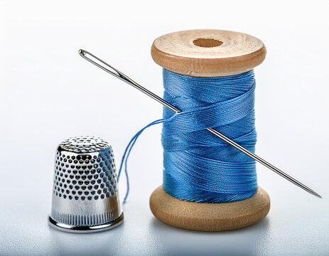 Un carrete de hilo blanco sobre fondo blanco junto a una aguja de costura