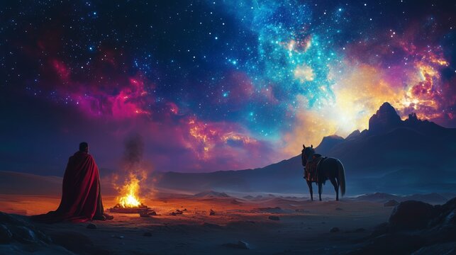 An inspiring scene of Khalid Ibn Al-Walid in a moment of reflection, standing by a campfire in the desert night.