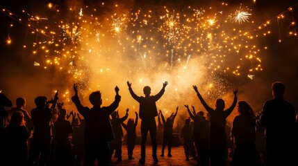 Fototapeta premium Celebration event with fireworks and joyful crowd nighttime festival outdoor atmosphere enthusiastic vibe community spirit