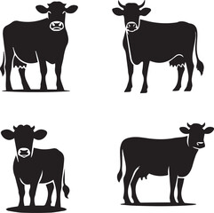 Silhouette Illustrations of Cows in Various Poses - Adobe Stock