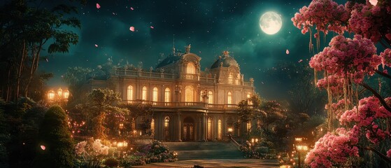 Enchanting evening at a grand mansion illuminated by moonlight and blooming flowers