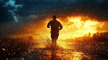 Obraz premium Running through the rain determination and resilience at sunset outdoor adventure dramatic weather inspirational scene