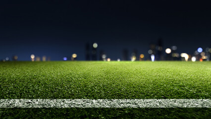 Naklejka premium Empty football stadium with green field and blur spotlights. The field is ready for a game