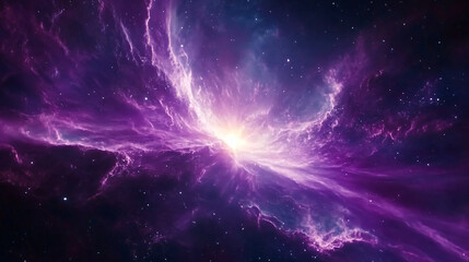 Obraz premium A cosmic purple nebula expanding in the vastness of space, with streaks of light pulsing through the galaxy.