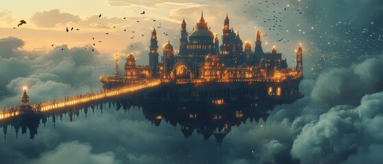 Fototapeta premium Floating castle above clouds at sunset with vibrant colors and intricate architecture
